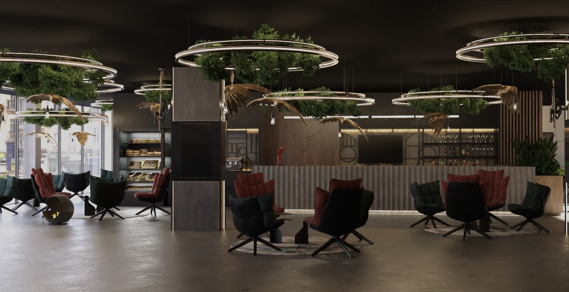 Lobby area of Garden Hotel Boulevard with black and red chairs