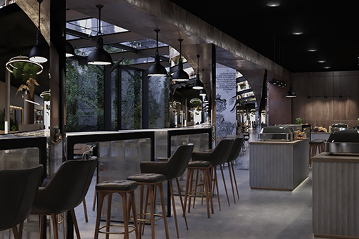 Modern bar or restaurant with elegant interior, high chairs, and pendant lights.