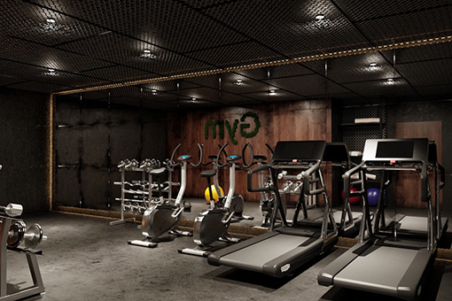 Gym with treadmills, exercise bikes, and weightlifting equipment.