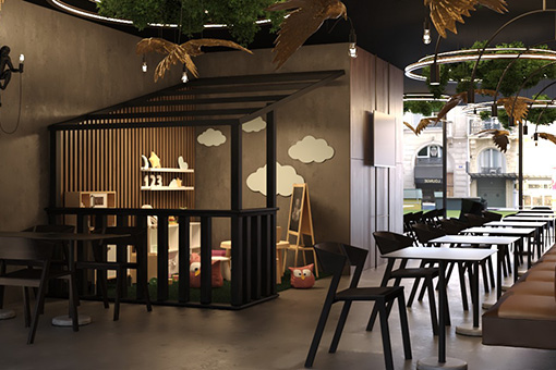 Kids' play area and dining space with modern, nature-inspired design