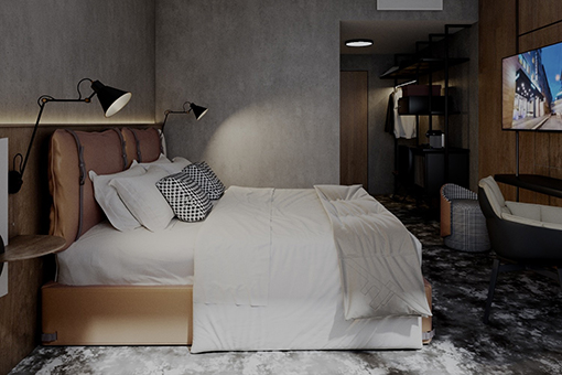 Superior room with a comfortable double bed, modern lamps, and elegant wall design.