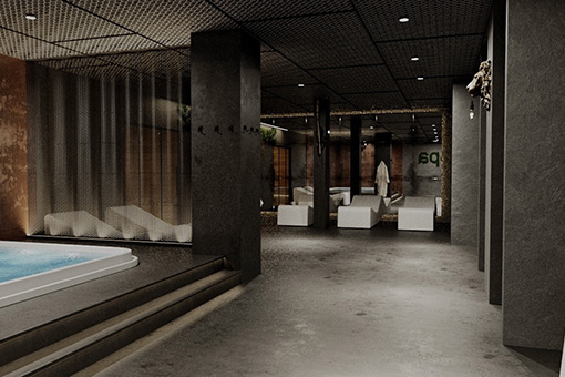 Spacious wellness area with jacuzzi, relaxation zones, and modern interior design.